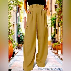 High Waisted Pants for Women Versatile Wide Leg Pants with 4 Pockets Cargo KHAKI